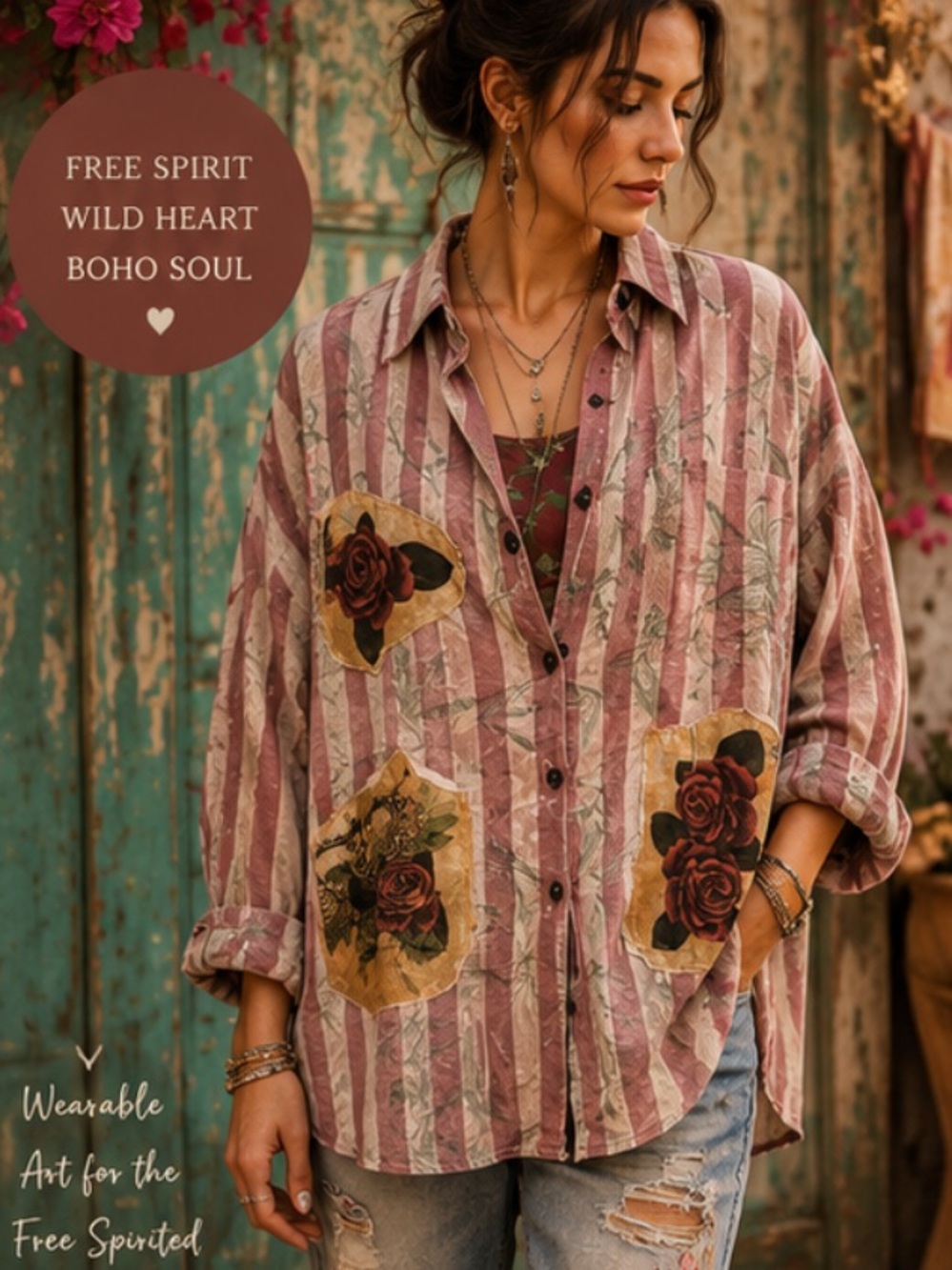 A Rare Bird Wild Woman Striped Button-Up Shirt. Wearable art at its finest